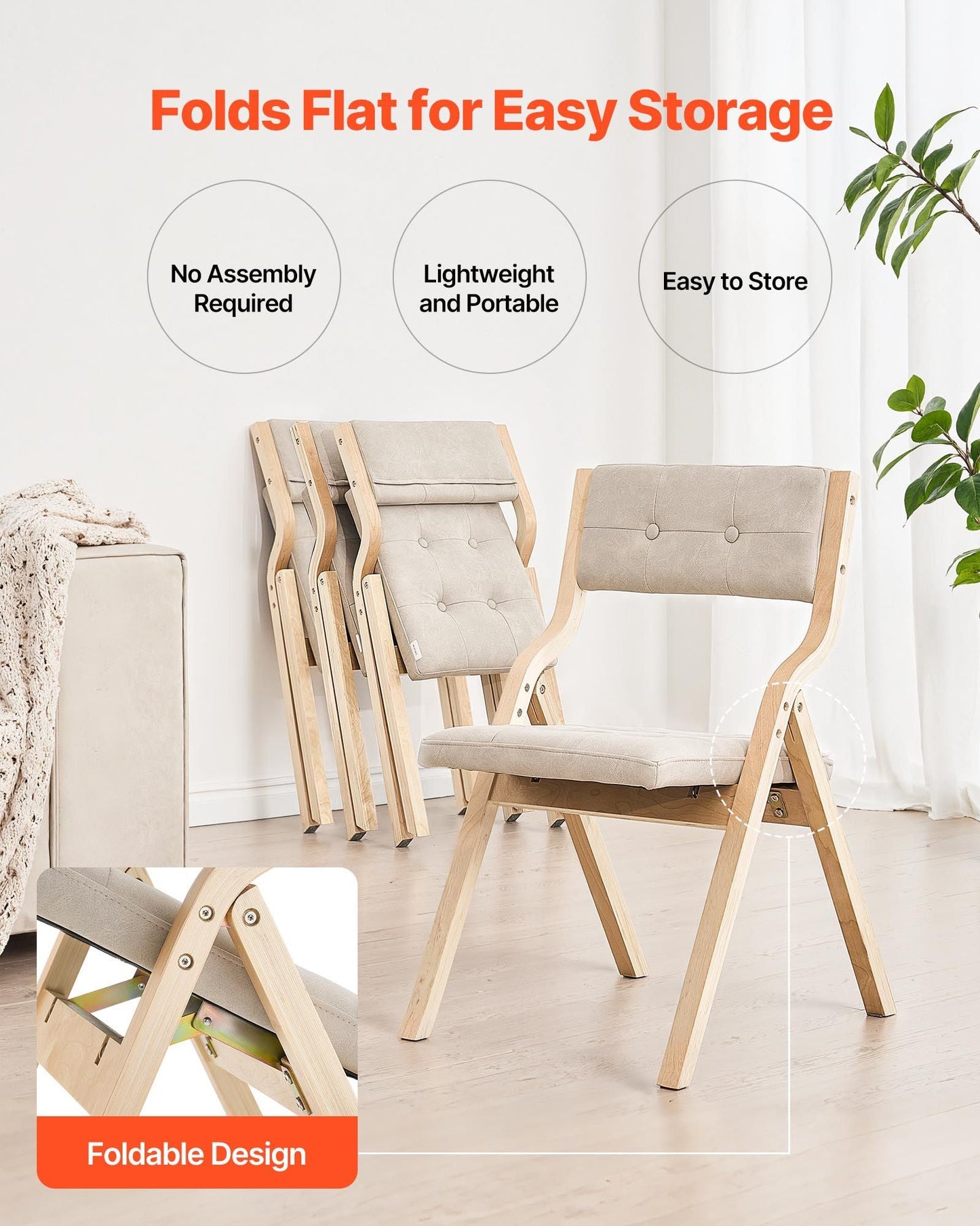 Wooden Folding Chairs with Padded Cushion and Wooden Frame Beige Set of 2.