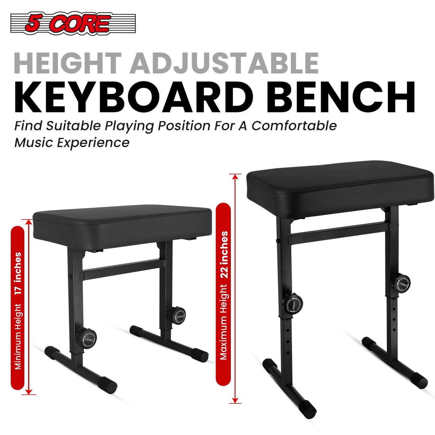 5 CORE Keyboard Bench Piano Stool T Style Black Thick Padded Cushion Seat | Height Adjustable 17 to 22 inch | Keyboard Chair (PU Leather) KBB H-ADJ BLK.