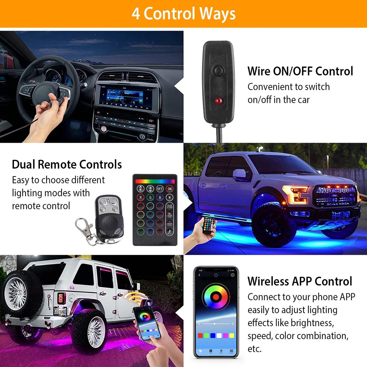 8 Pods RGB LED Rock Lights DC12V Car Neon Light Kit IP68 Waterproof Underglow Lights with Double Remote Controls Wireless APP Control for Jeep Truck UTV SUV.