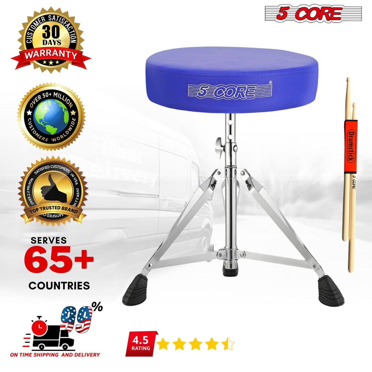 5 CORE Drum Throne Padded Guitar Stool Height Adjustable Music Chair Seat Universal for Adults & Kids with Anti Slip Rubber Feet DS CH BLU.