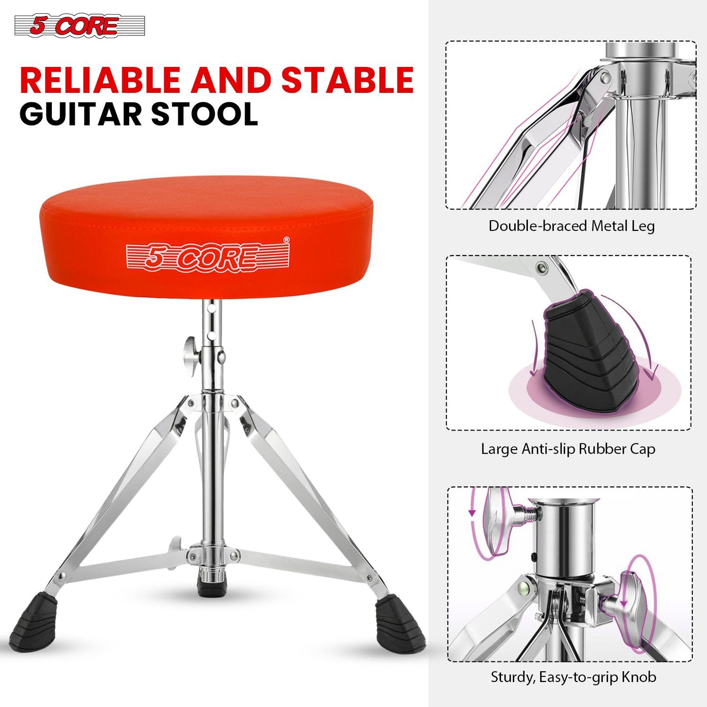 5 CORE Drum Throne Padded Guitar Stool Height Adjustable Music Chair Seat Universal for Adults & Kids with Anti Slip Rubber Feet - DS CH ORG.