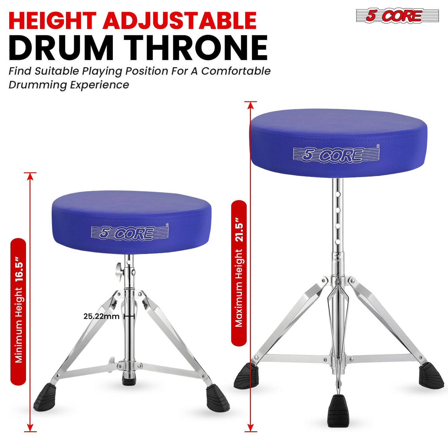 5 CORE Drum Throne Padded Guitar Stool Height Adjustable Music Chair Seat Universal for Adults & Kids with Anti Slip Rubber Feet DS CH BLU.
