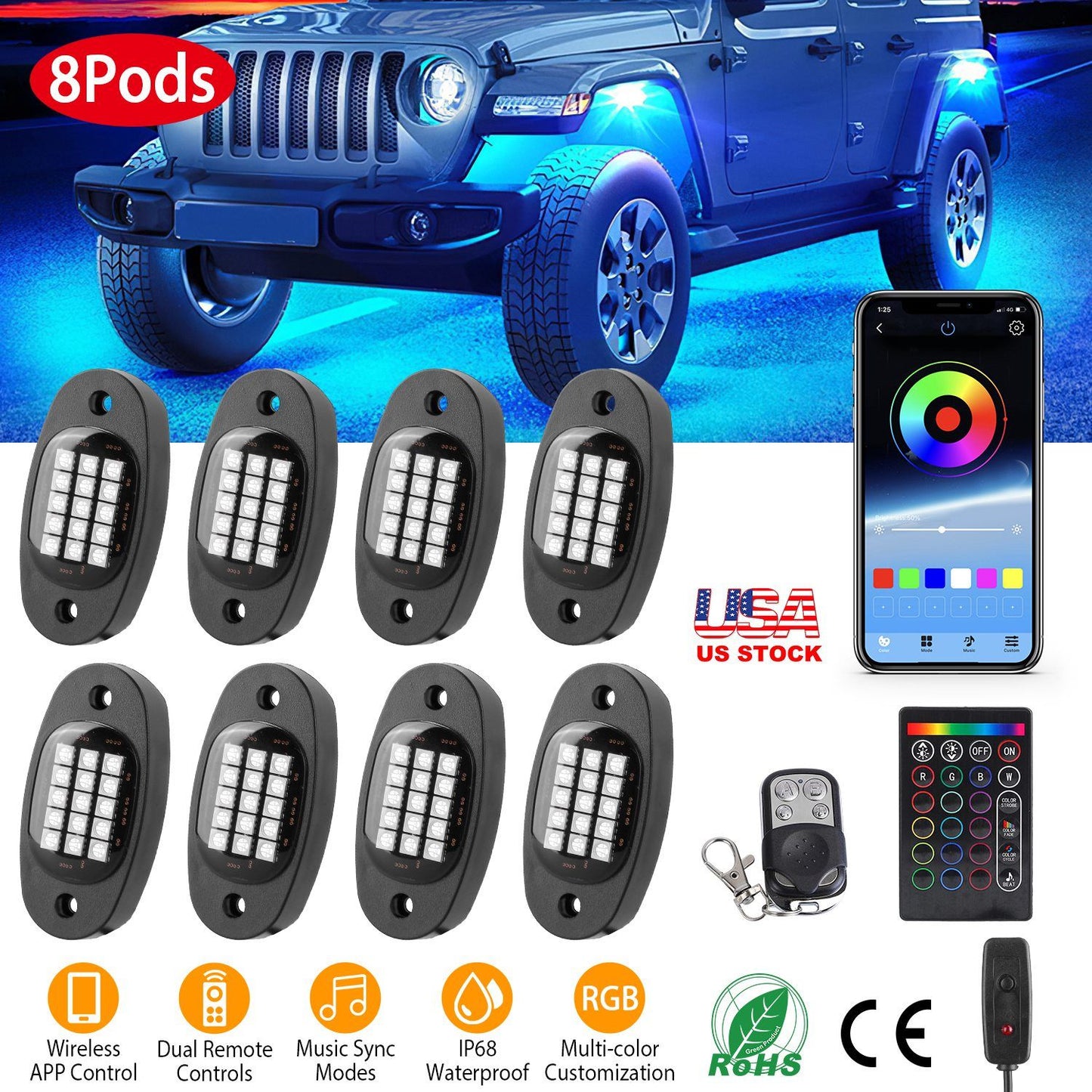 8 Pods RGB LED Rock Lights DC12V Car Neon Light Kit IP68 Waterproof Underglow Lights with Double Remote Controls Wireless APP Control for Jeep Truck UTV SUV.