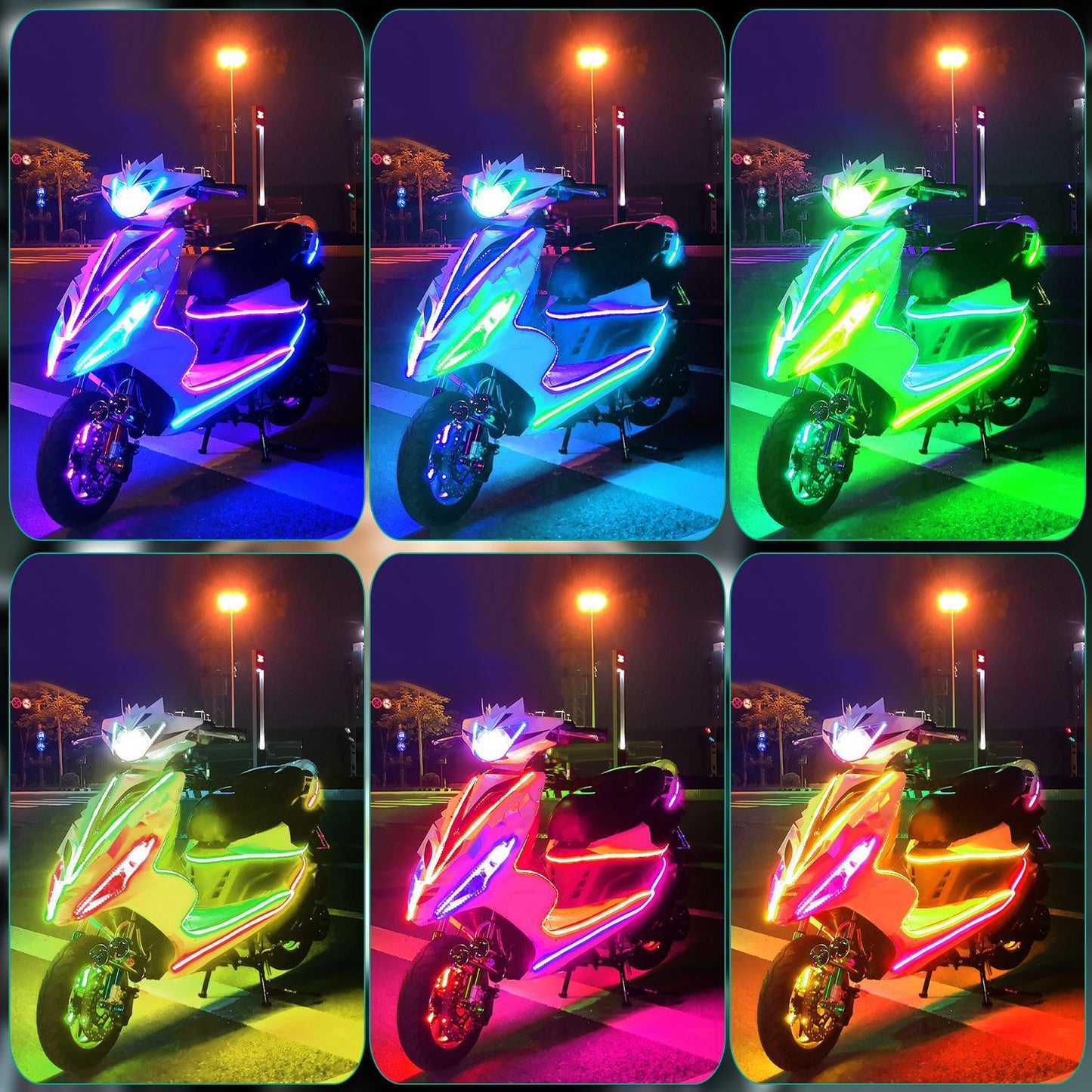 6-Piece Waterproof Motorcycle LED Neon Light Strip Kit - RGB Multi-Color Atmosphere Lighting for DC 12V.
