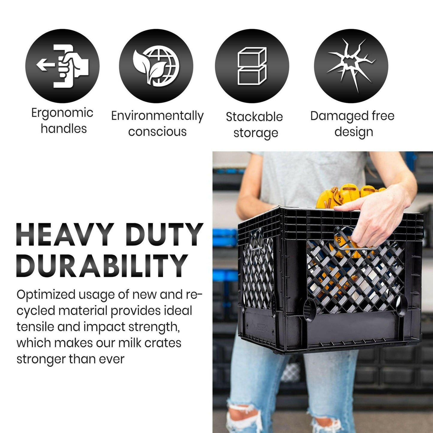 16QT Heavy-Duty Plastic Milk Crates 5 Pack Black – Stackable Storage - GoTypical