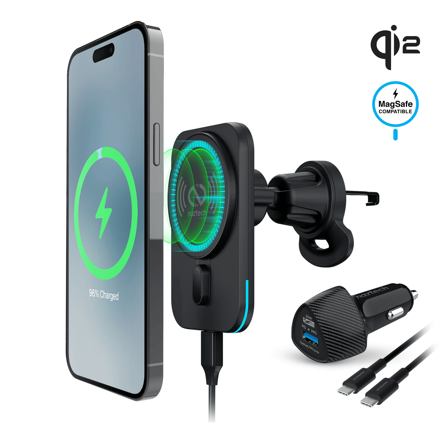 Naztech MagLock CAR 15W Magnetic Wireless Fast Charging Vent Mount with Qi2.