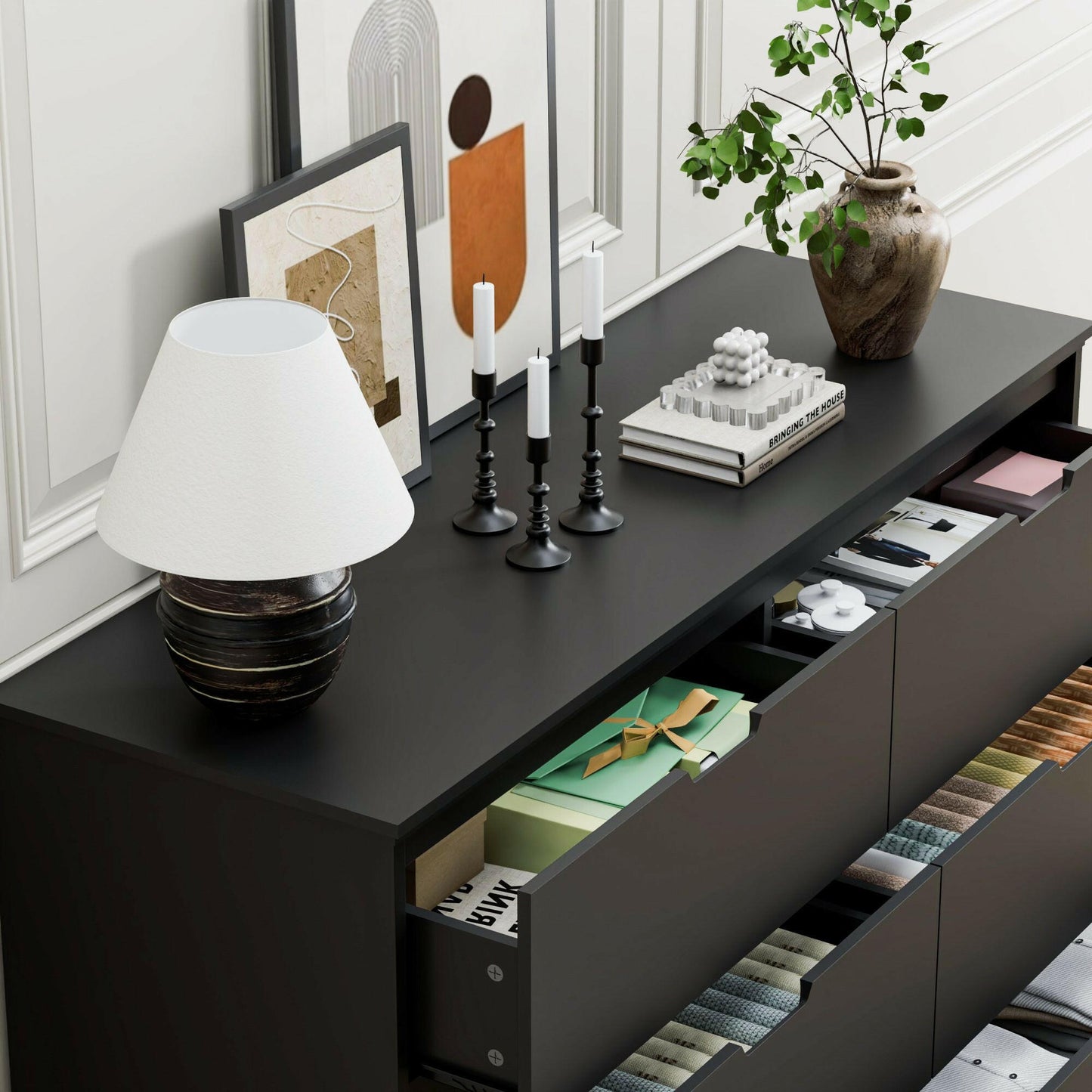 6 Drawer Dresser For Bedroom, Storage Cabinet With Hidden Handles, Modern Closet Of Drawers For Living Room.