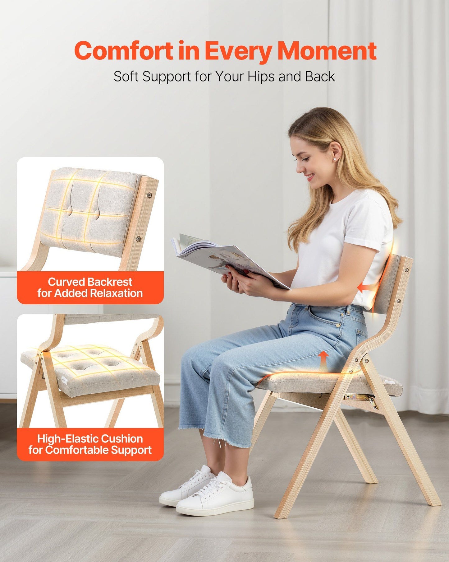 Wooden Folding Chairs with Padded Cushion and Wooden Frame Beige Set of 2.