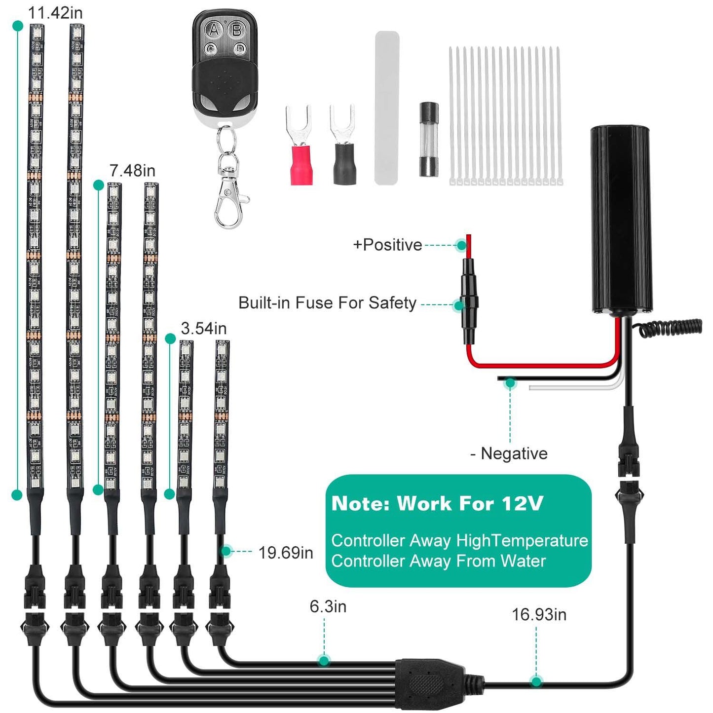 6-Piece Waterproof Motorcycle LED Neon Light Strip Kit - RGB Multi-Color Atmosphere Lighting for DC 12V.
