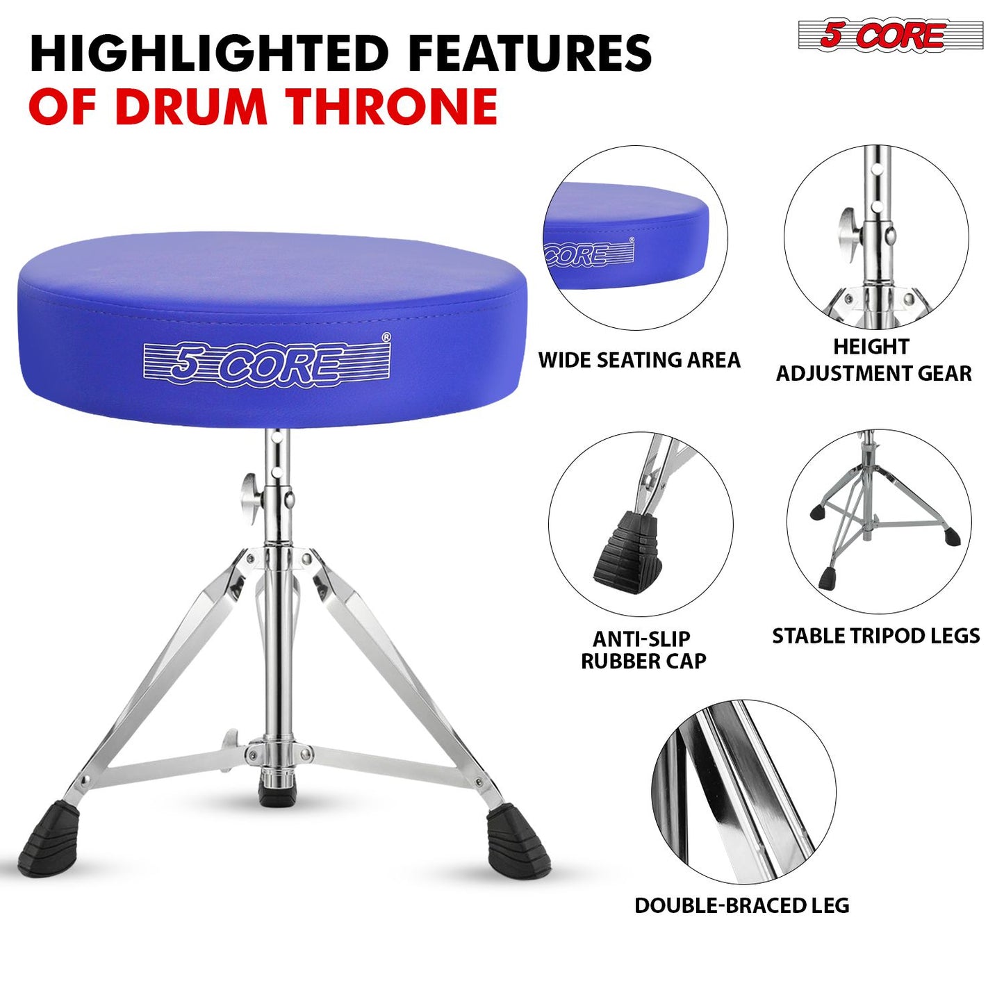 5 CORE Drum Throne Padded Guitar Stool Height Adjustable Music Chair Seat Universal for Adults & Kids with Anti Slip Rubber Feet DS CH BLU.
