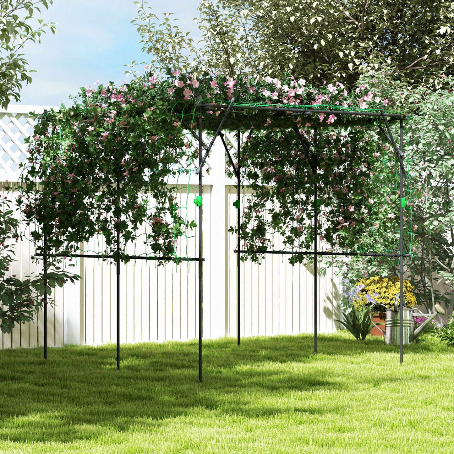 Outsunny Garden Arch Trellis, 7.3 FT Tall Metal Plant Trellis Support with Climbing Net, Cucumber Trellis for Vegetables, Black.