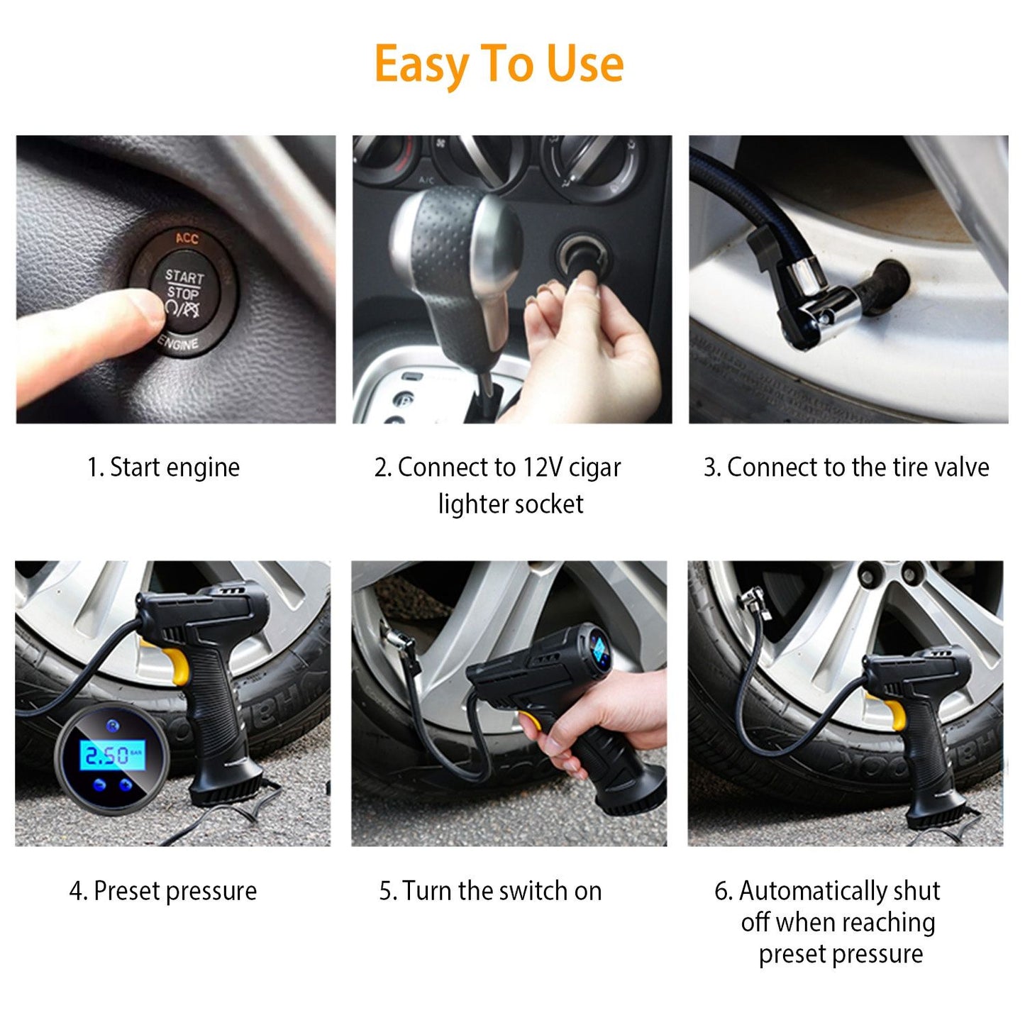 Compact 12V Digital Tire Inflator with LED Light - 150 PSI Portable Air Pump for Cars.