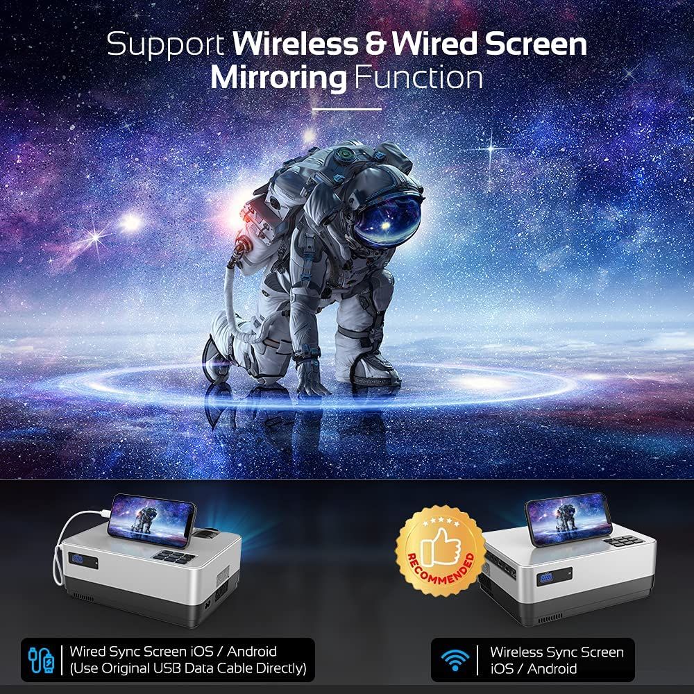 DBPOWER WiFi Projector, Upgrade 8500L Full HD 1080p Video Projector with Carry Case, Support iOS/Android Sync Screen, Zoom&Sleep Timer, 4.3' LCD Home Movie Projector Compatible w/Smart Phone/Laptop.