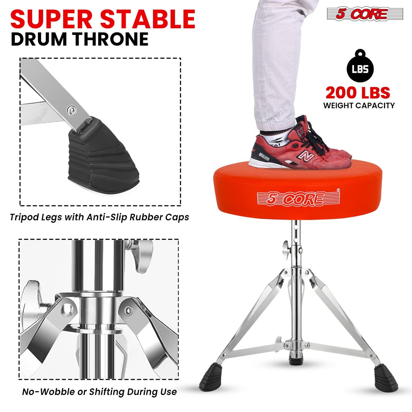 5 CORE Drum Throne Padded Guitar Stool Height Adjustable Music Chair Seat Universal for Adults & Kids with Anti Slip Rubber Feet - DS CH ORG.