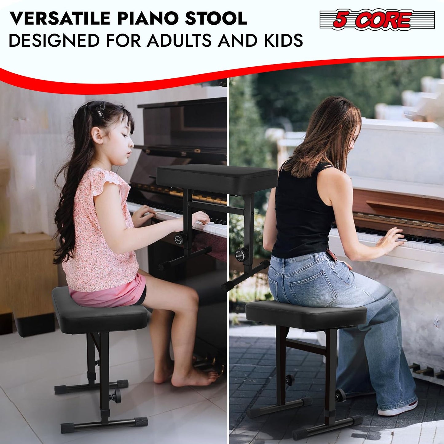 5 CORE Keyboard Bench Piano Stool T Style Black Thick Padded Cushion Seat | Height Adjustable 17 to 22 inch | Keyboard Chair (PU Leather) KBB H-ADJ BLK.