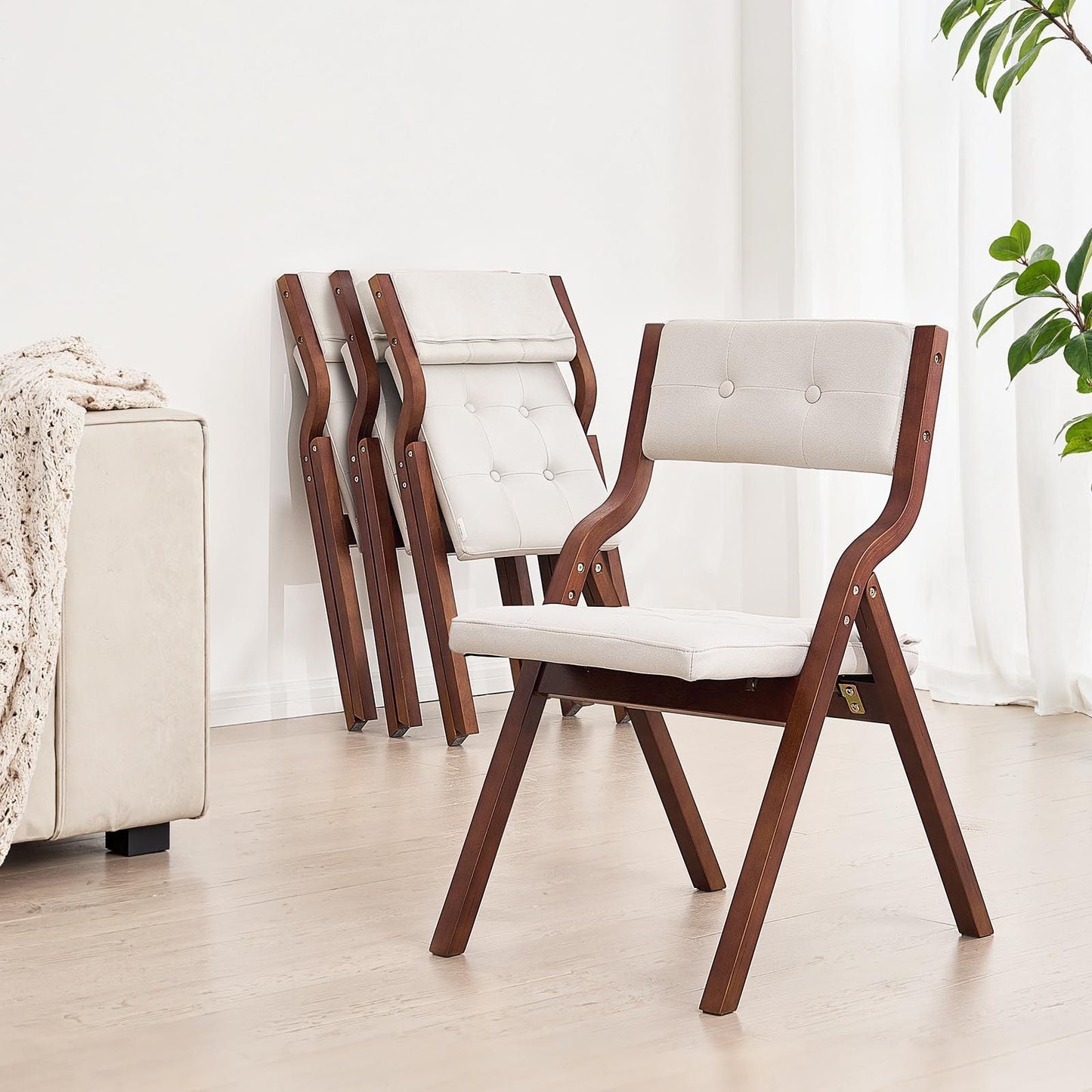 Wooden Folding Chairs with Padded Cushion and Wooden Frame White Set of 2.