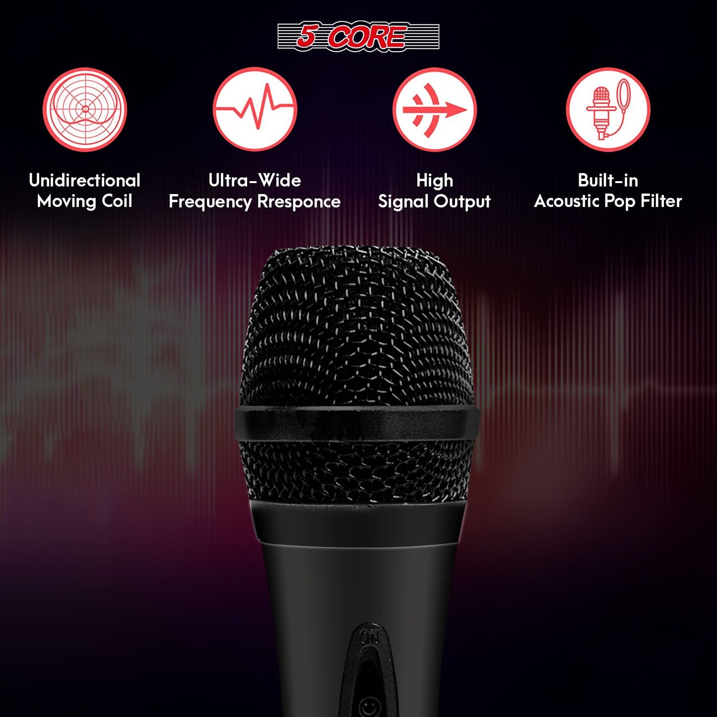 5 CORE Microphone Dynamic Vocal Handheld Mic Cardioid Unidirectional Microfono w On Off Switch + XLR Audio Cable for Singing Karaoke Public Speaking & Parties - PM-286.