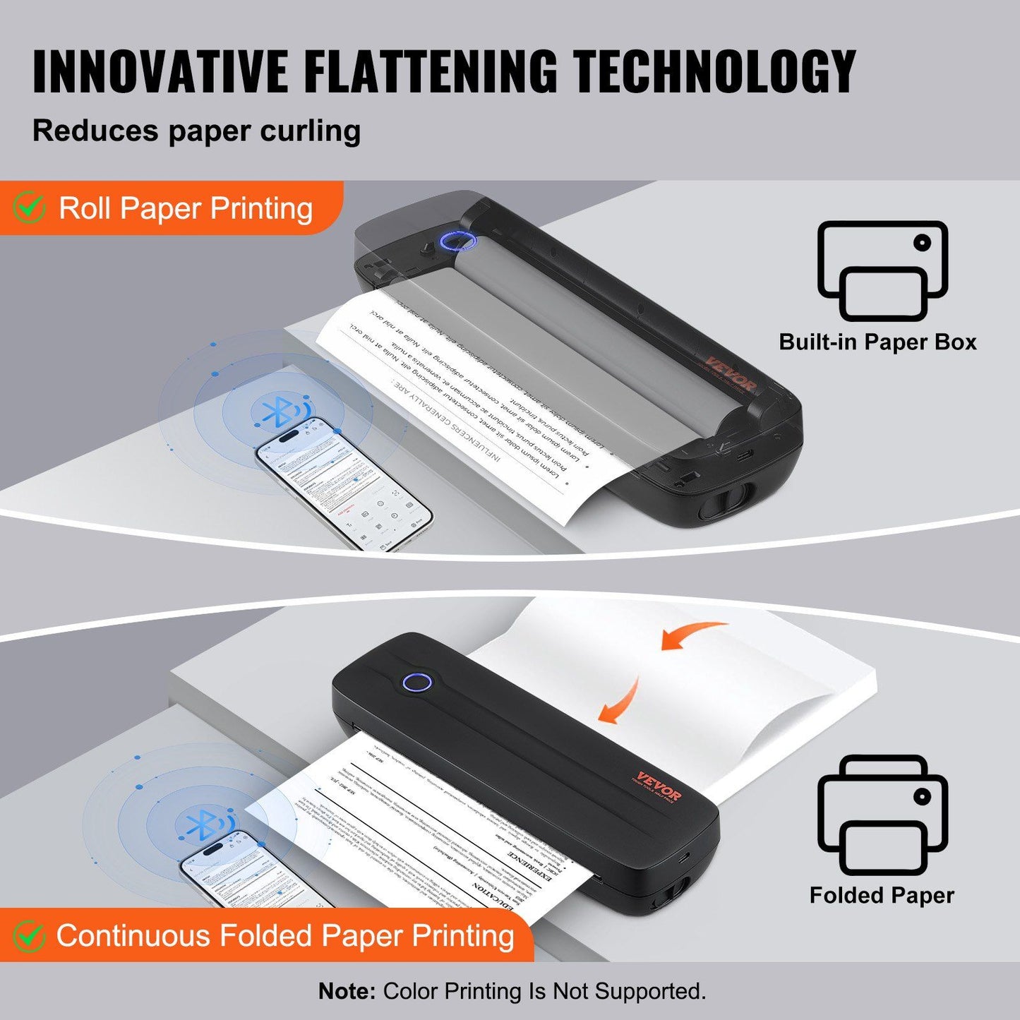VEVOR Portable Printer - 2600mAh Battery, 203 DPI, Bluetooth Inkless Mobile Printer for A4, A5 & 8.5" x 11" Thermal Paper, Compatible with iOS, Android & Laptop, Ideal for Travel, Office & Home Use.