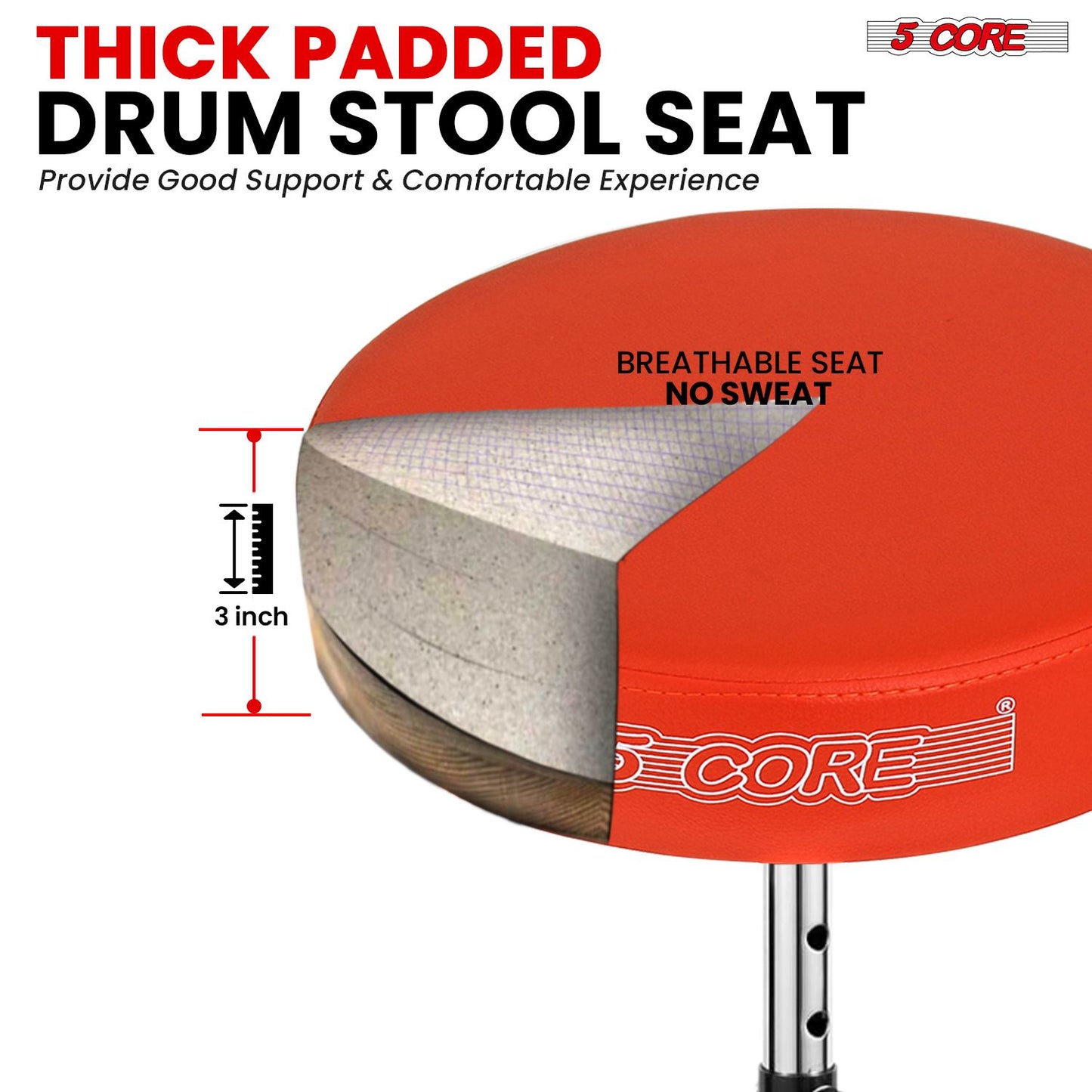 5 CORE Drum Throne Padded Guitar Stool Height Adjustable Music Chair Seat Universal for Adults & Kids with Anti Slip Rubber Feet - DS CH ORG.