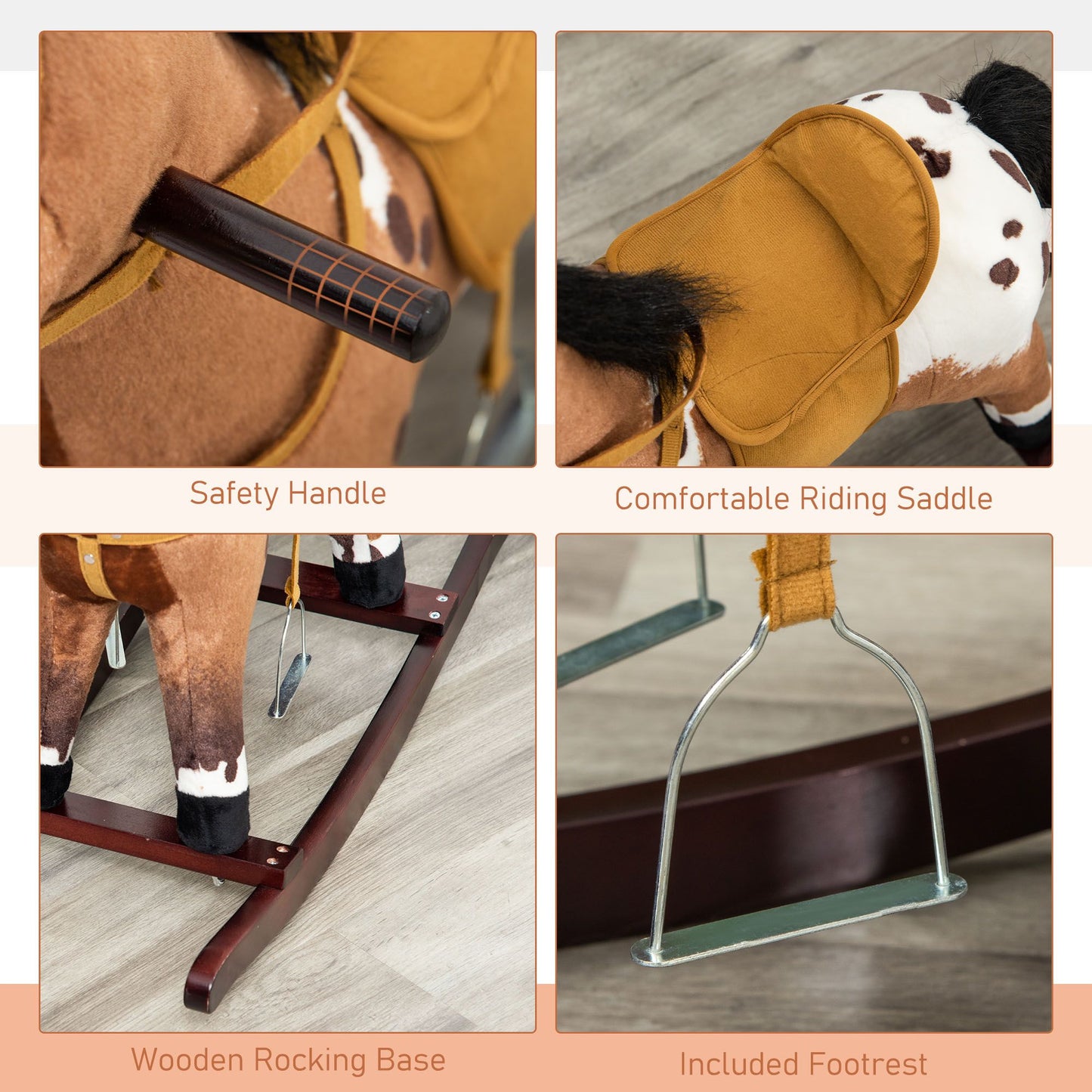 Qaba Kids Metal Plush Ride-On Rocking Horse Chair Toy With Realistic Sounds - Dark Brown/White.