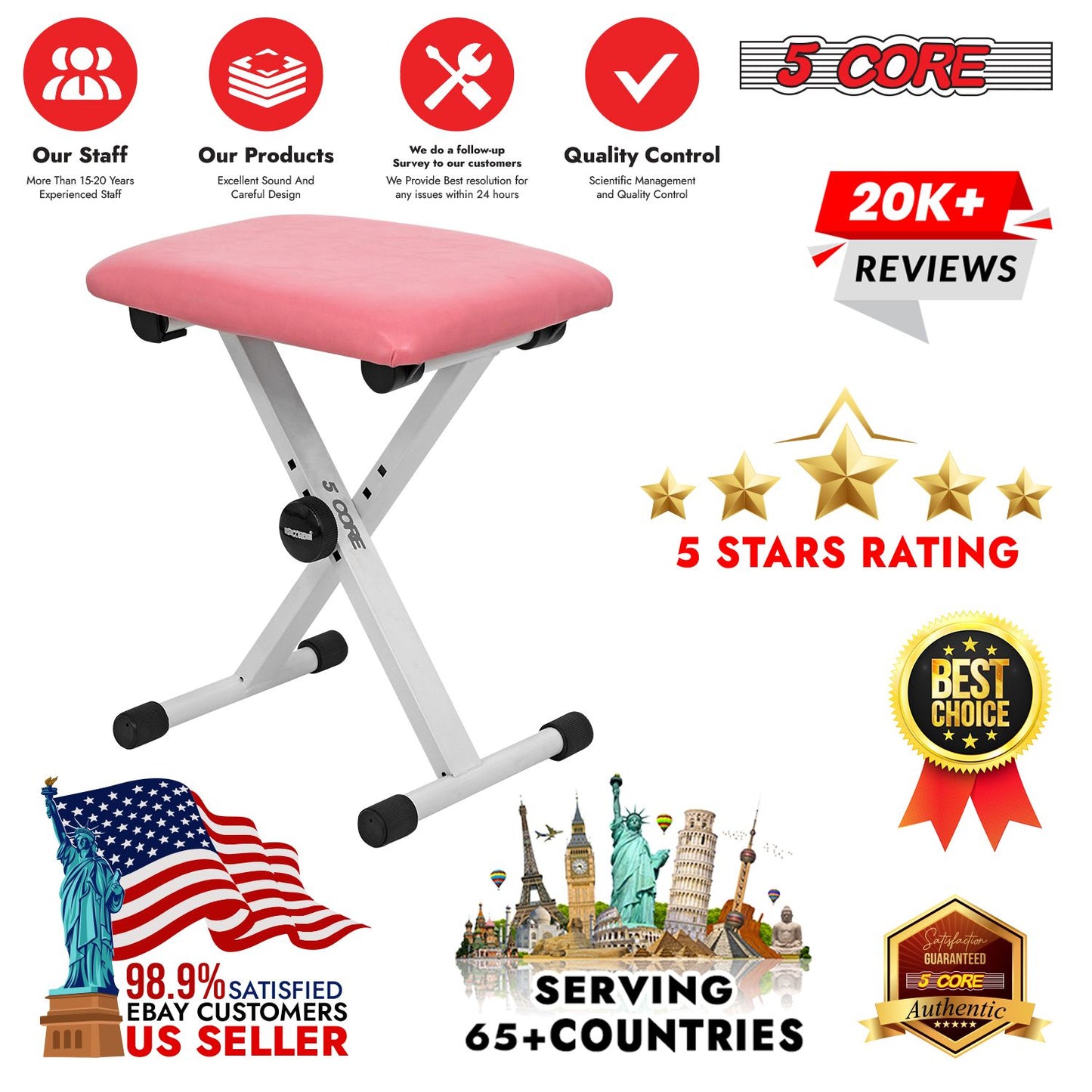 5 Core Keyboard Bench 2 Inch Padded Cushioned Piano Stool Height Adjustable Guitar Seat Folding Portable Musician Chair w Nonslip Rubber Feet Black - KBB 02 BLK.