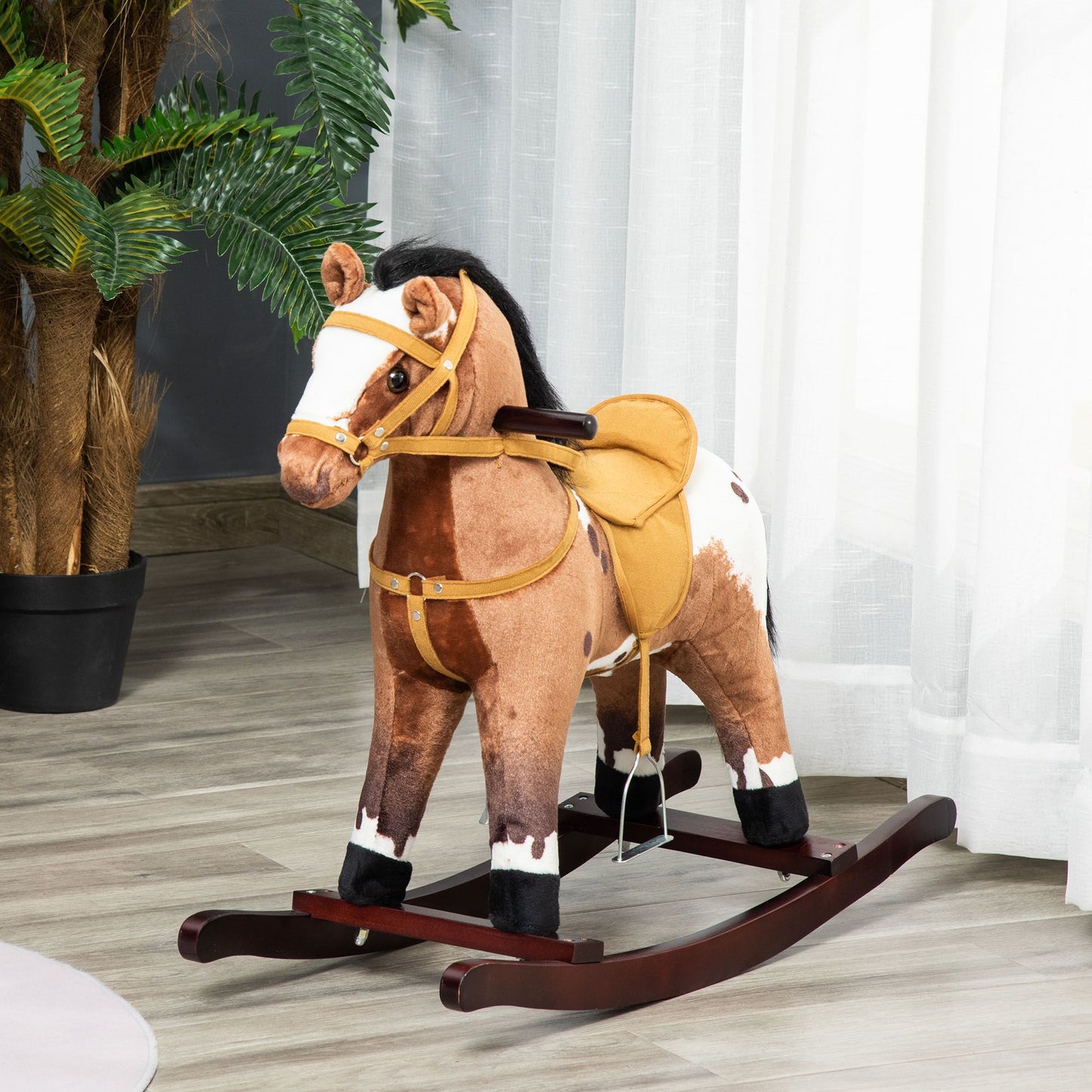 Qaba Kids Metal Plush Ride-On Rocking Horse Chair Toy With Realistic Sounds - Dark Brown/White.