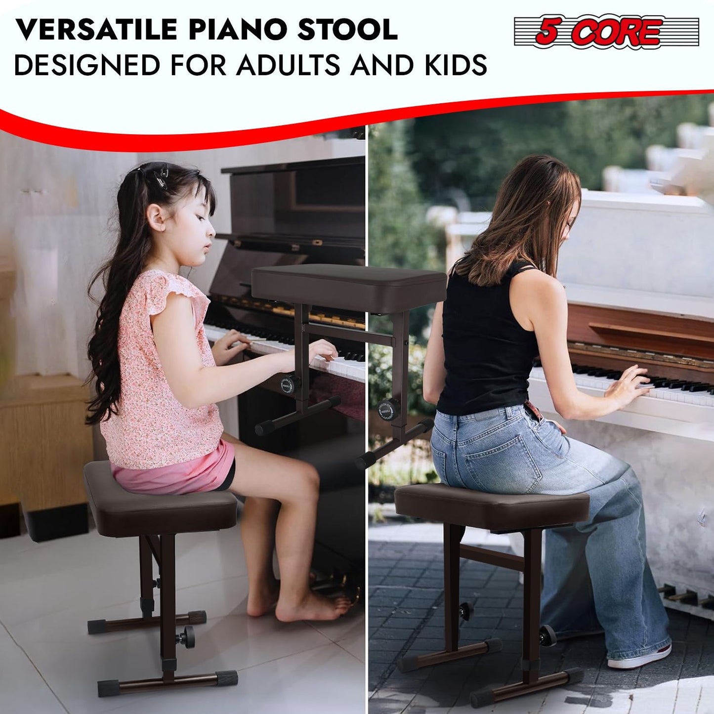 5 CORE Keyboard Bench Piano Stool T Style Brown Thick Padded Cushion Seat | Height Adjustable 17 to 22 inch | Keyboard Chair (PU Leather) KBB H-ADJ BR.