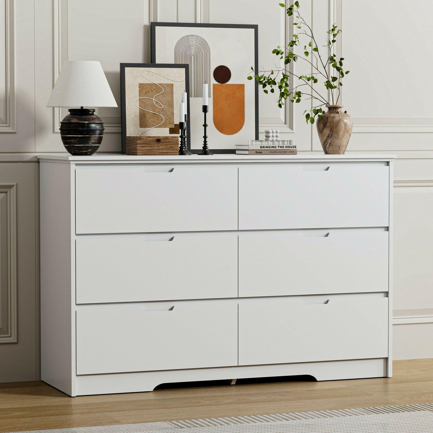 6 Drawer Dresser For Bedroom, Storage Cabinet With Hidden Handles, Modern Closet Of Drawers For Living Room.