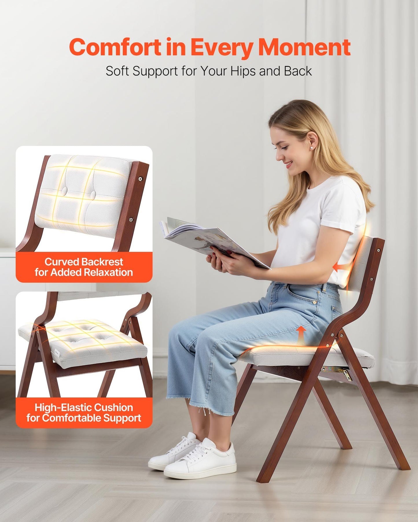 Wooden Folding Chairs with Padded Cushion and Wooden Frame White Set of 2.