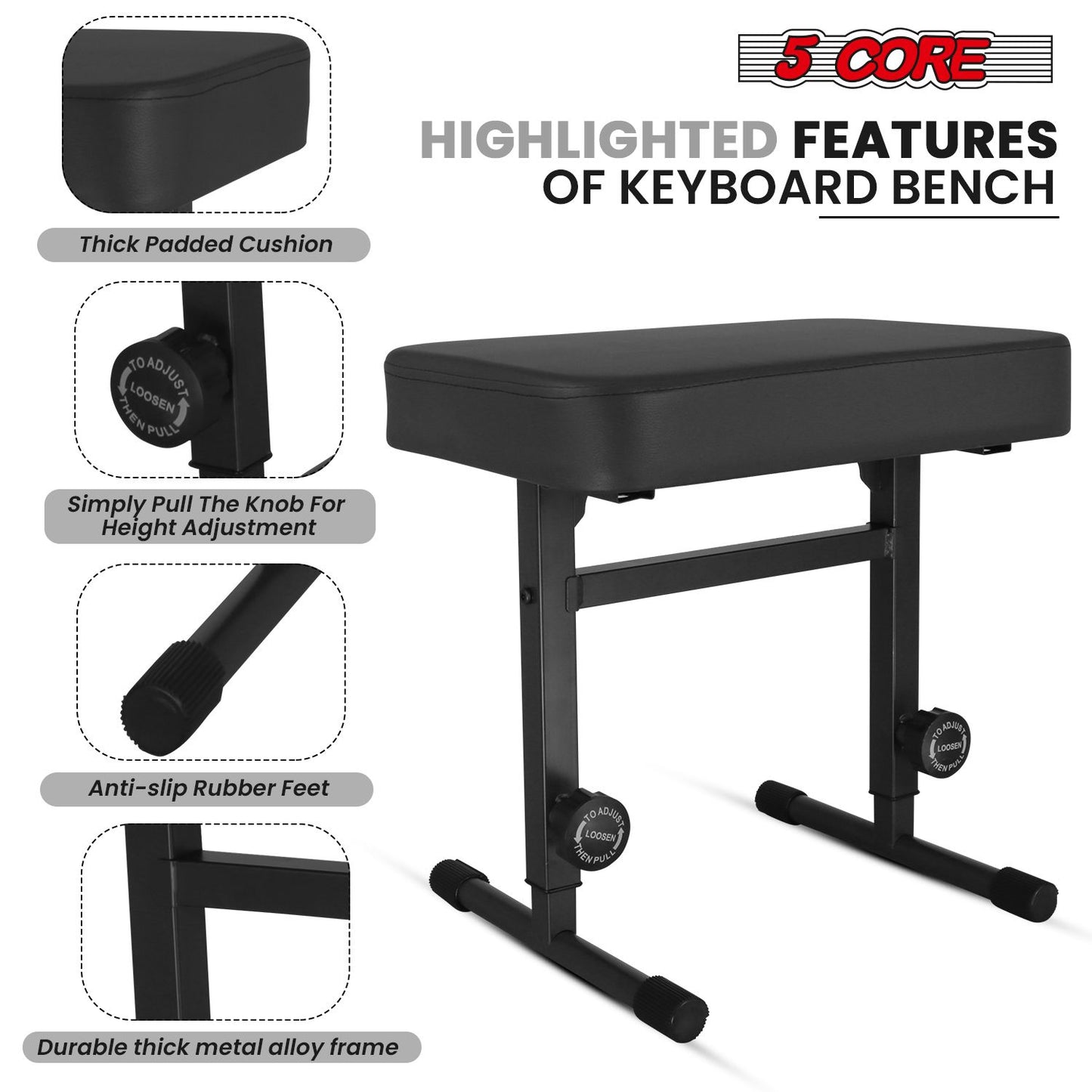 5 CORE Keyboard Bench Piano Stool T Style Black Thick Padded Cushion Seat | Height Adjustable 17 to 22 inch | Keyboard Chair (PU Leather) KBB H-ADJ BLK.
