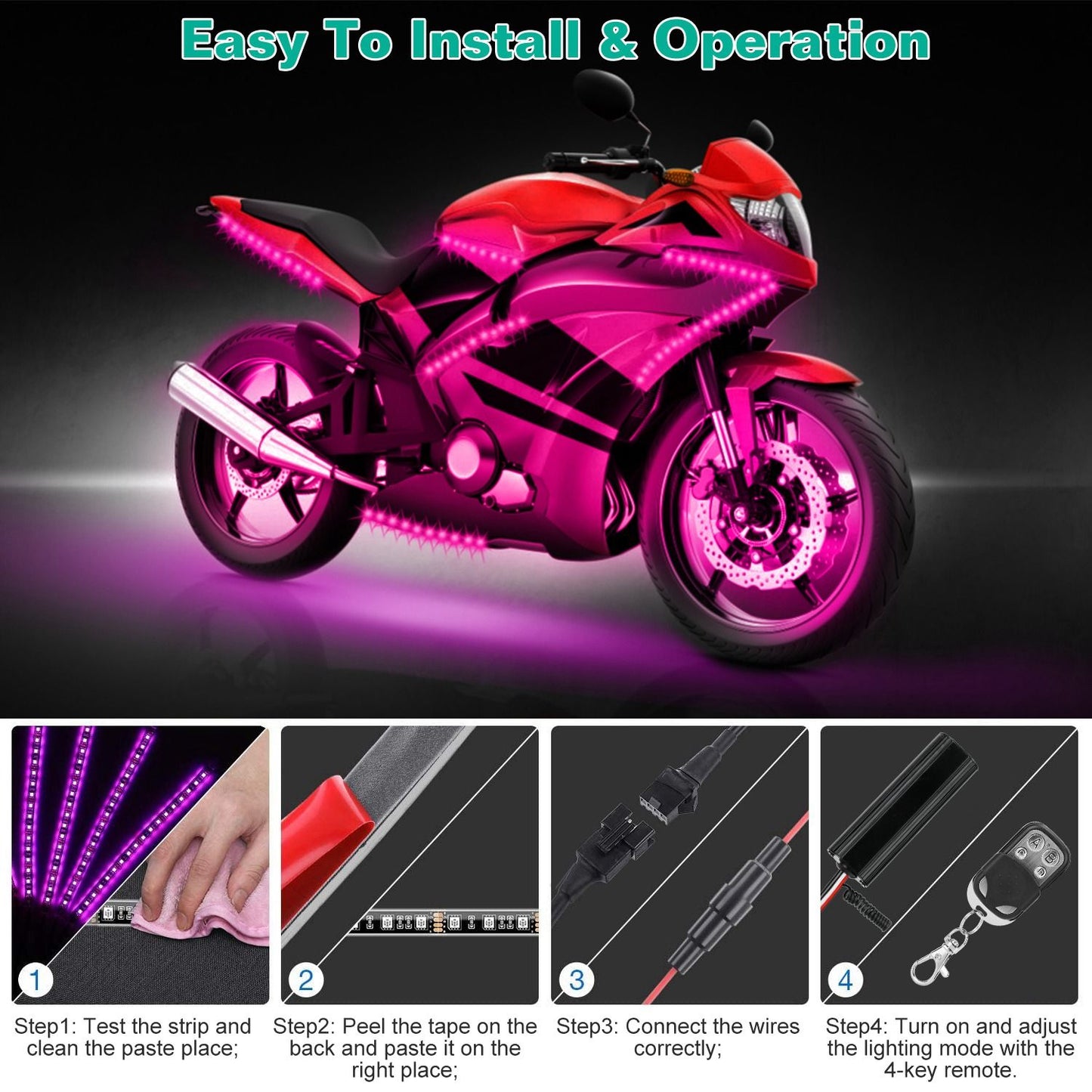 6-Piece Waterproof Motorcycle LED Neon Light Strip Kit - RGB Multi-Color Atmosphere Lighting for DC 12V.
