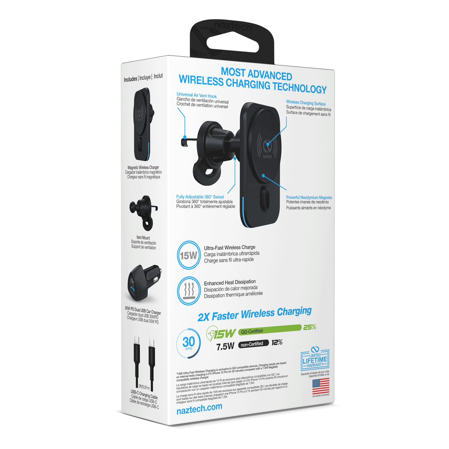 Naztech MagLock CAR 15W Magnetic Wireless Fast Charging Vent Mount with Qi2.