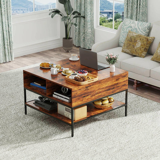 . Farmhouse Flip Top Coffee Table – Rustic Wood Grain, Metal Frame - GoTypical