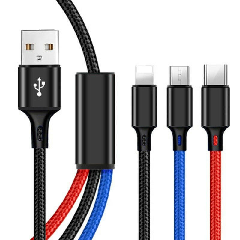 . Nylon Braided 3-Head Fast Charging Mobile Phone Cable - GoTypical