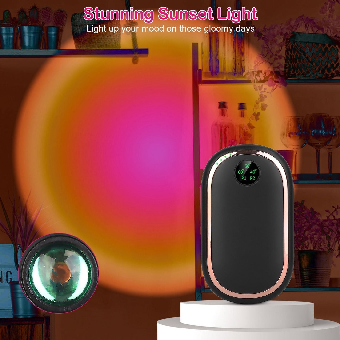 Rechargeable Hand Warmer Electric Hand Heater Portable Reusable Pocket Warmer Power Bank with Digital Display Sunset Light 3 Levels Double - sided Heating - GoTypical