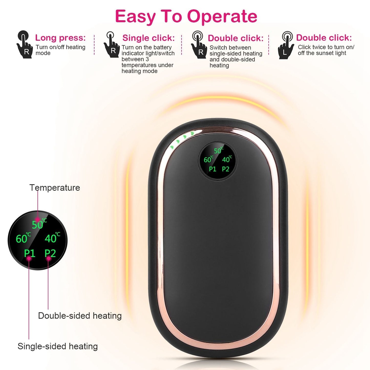 Rechargeable Hand Warmer Electric Hand Heater Portable Reusable Pocket Warmer Power Bank with Digital Display Sunset Light 3 Levels Double - sided Heating - GoTypical