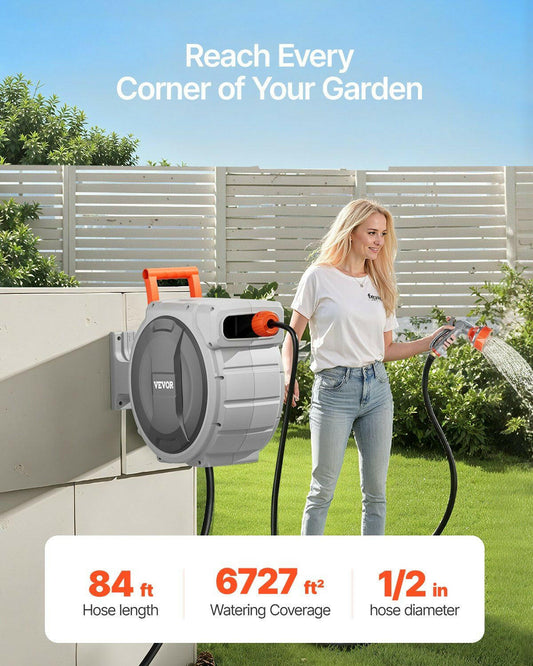 Retractable Garden Hose Reel – 84ft Wall-Mounted with 180° Swivel - GoTypical