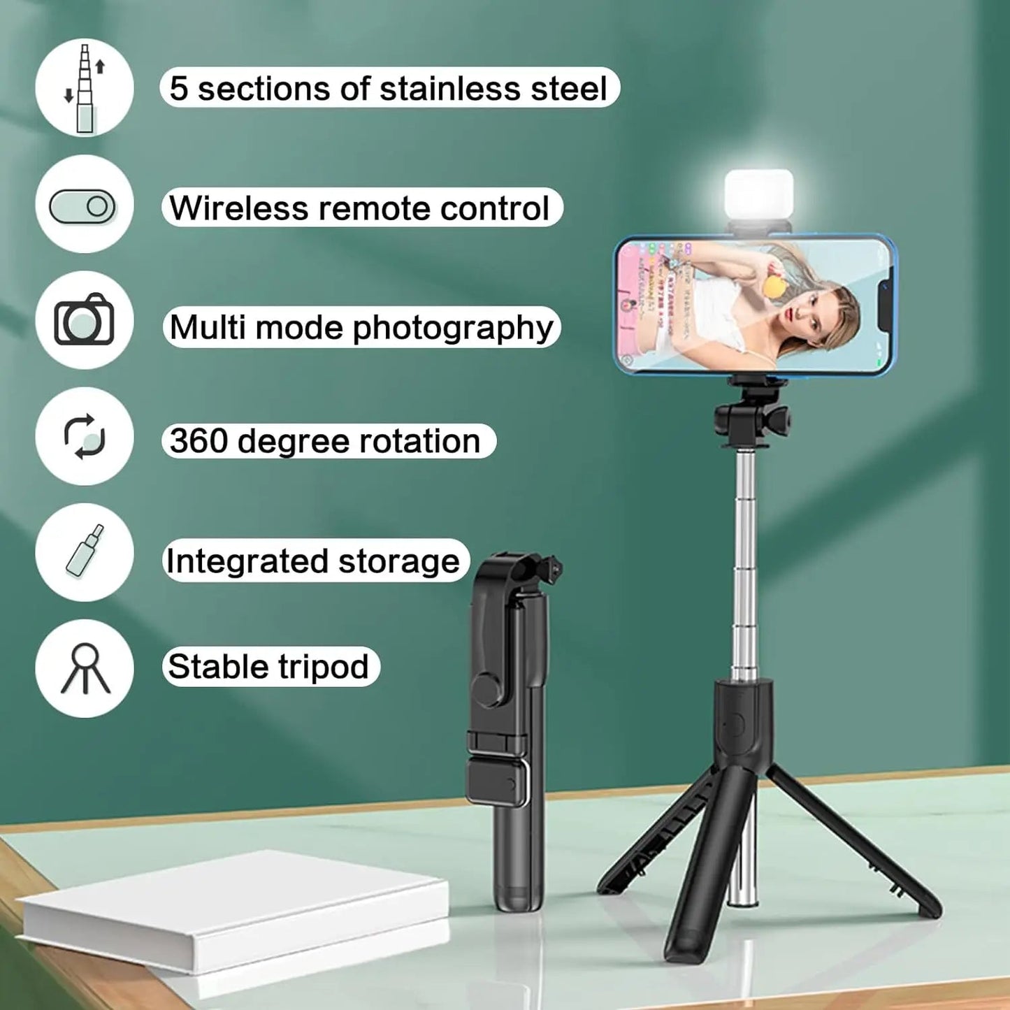 Selfie Stick with Fill Light Extendable Selfie Stick Tripod with Wireless Remote and Phone Holder Group Selfies For All phones - GoTypical