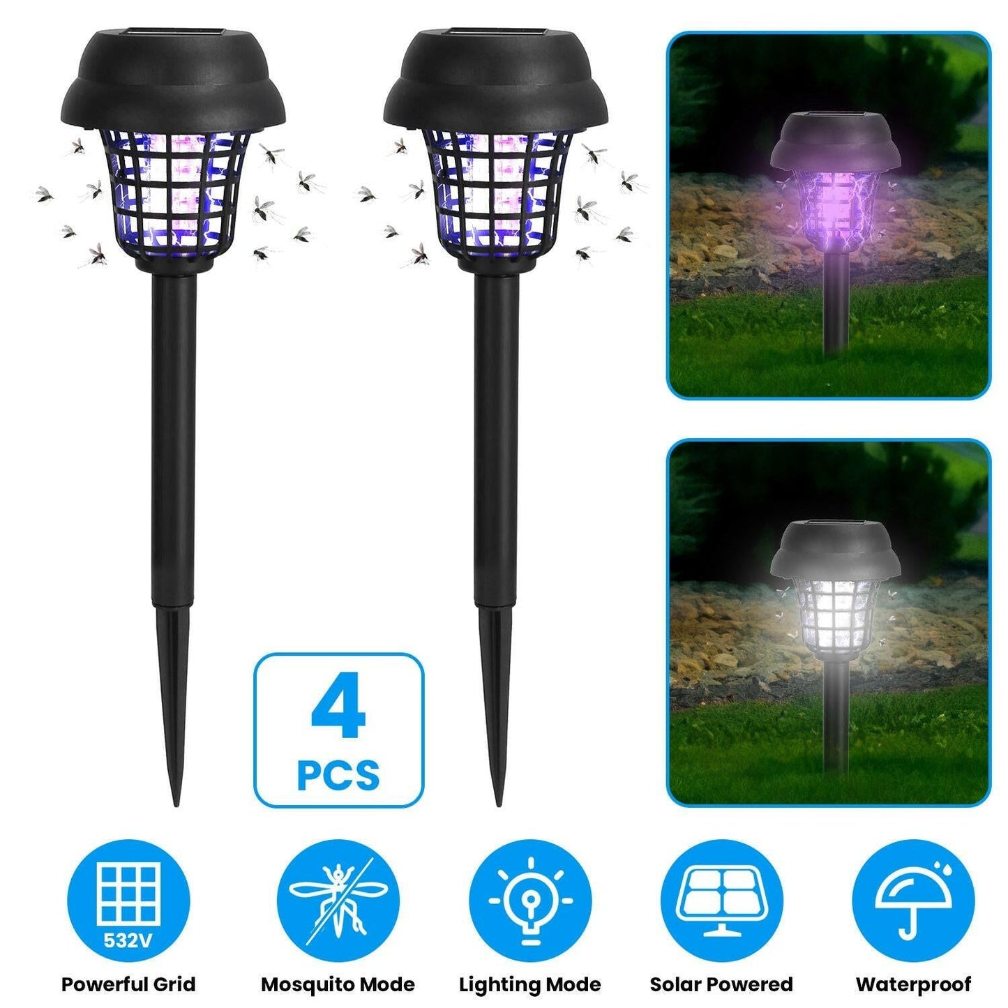Solar Mosquito Zapper 4 - Pack – Dual Purple UV & White LED Modes, 532 V Electric Shock, Auto On/Off, 800 mAh Rechargeable Battery, Waterproof Torch for Yard, Garden, Patio - GoTypical