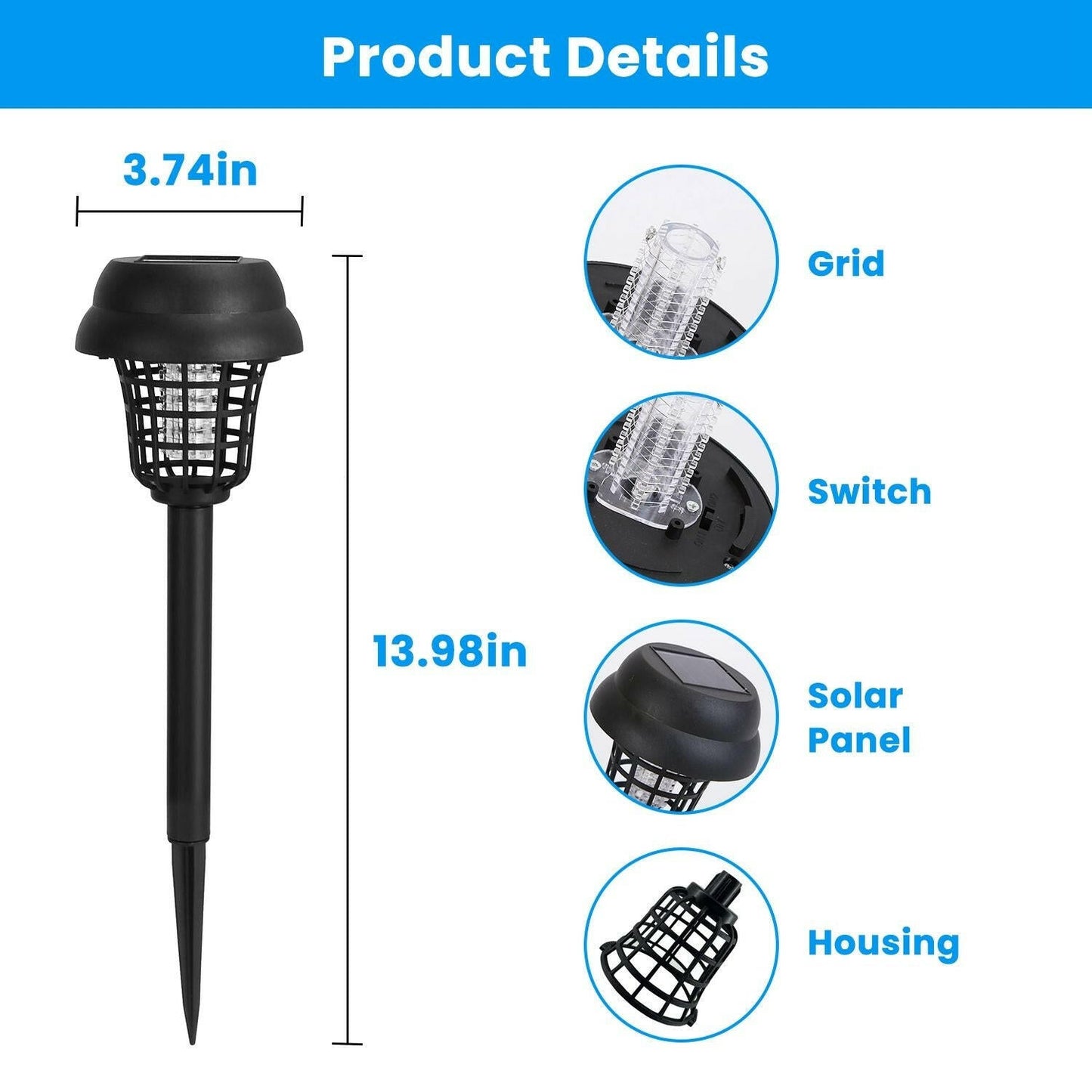 Solar Mosquito Zapper 4 - Pack – Dual Purple UV & White LED Modes, 532 V Electric Shock, Auto On/Off, 800 mAh Rechargeable Battery, Waterproof Torch for Yard, Garden, Patio - GoTypical