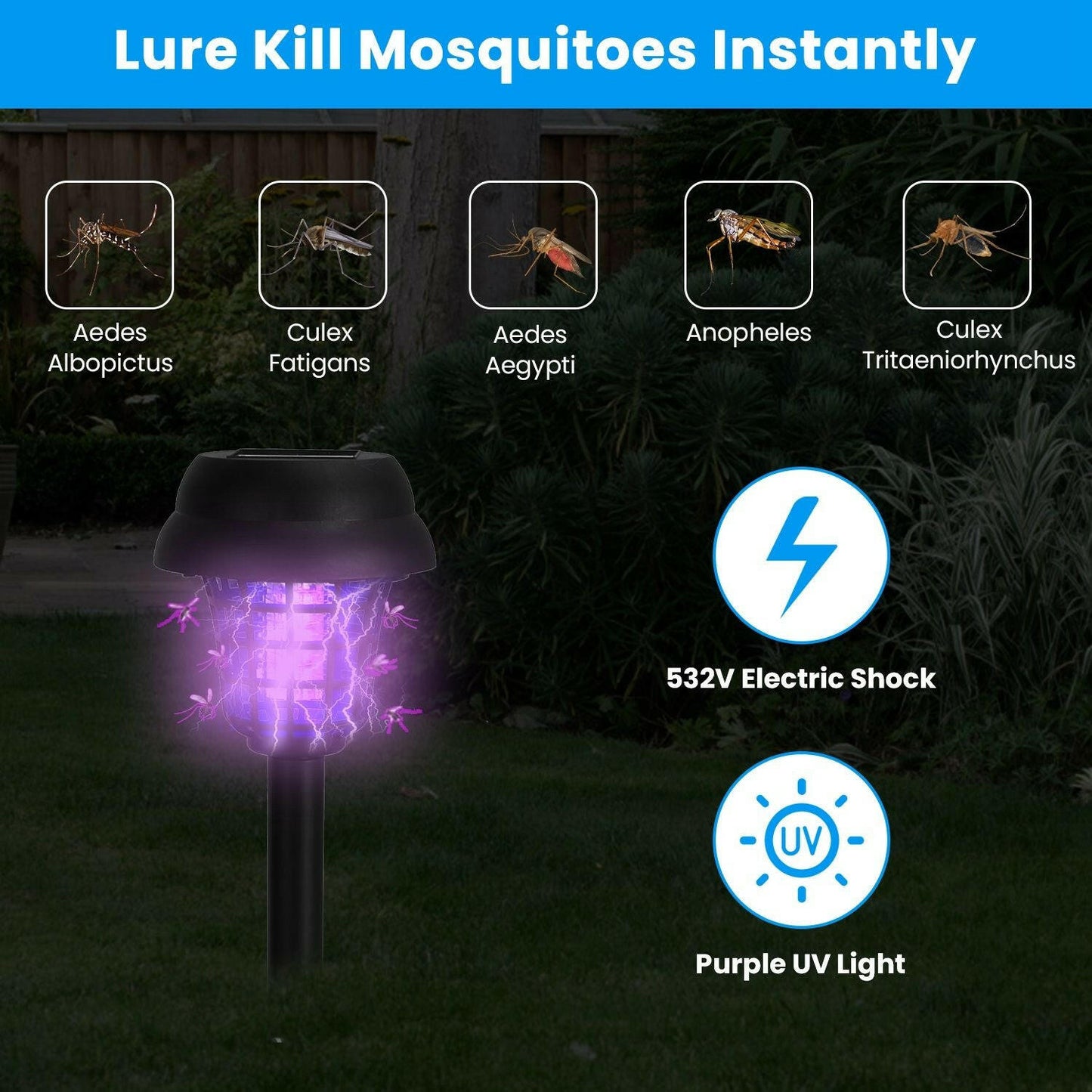 Solar Mosquito Zapper 4 - Pack – Dual Purple UV & White LED Modes, 532 V Electric Shock, Auto On/Off, 800 mAh Rechargeable Battery, Waterproof Torch for Yard, Garden, Patio - GoTypical