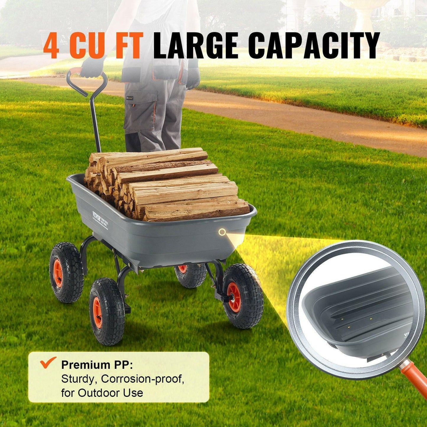 VEVOR Dump Cart, Poly Garden Dump Cart with Easy to Assemble Steel Frame, Dump Wagon with 2 - in - 1 Convertible Handle, Utility Wheelbarrow 600 lbs Capacity, 10 inch Tires - GoTypical