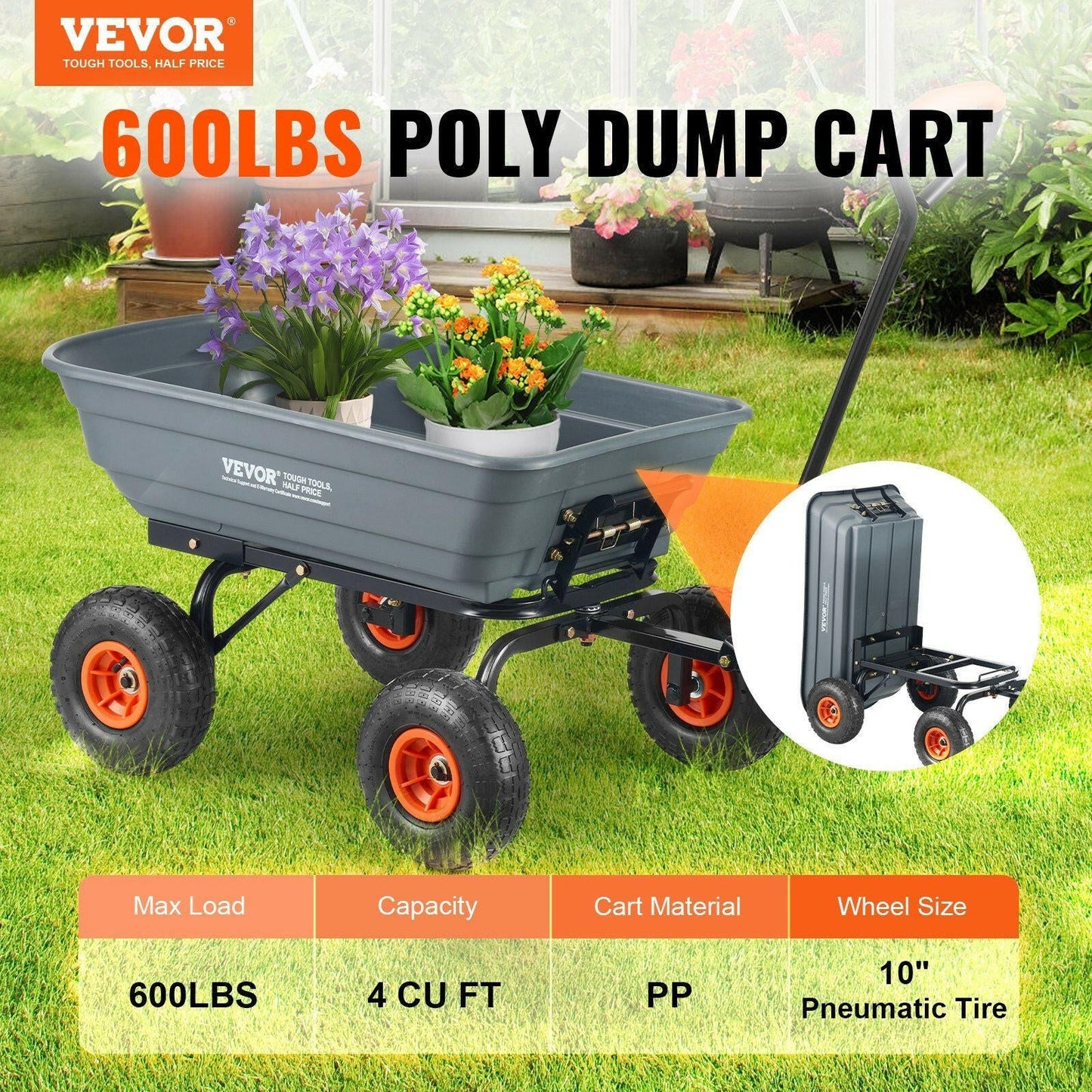 VEVOR Dump Cart, Poly Garden Dump Cart with Easy to Assemble Steel Frame, Dump Wagon with 2 - in - 1 Convertible Handle, Utility Wheelbarrow 600 lbs Capacity, 10 inch Tires - GoTypical