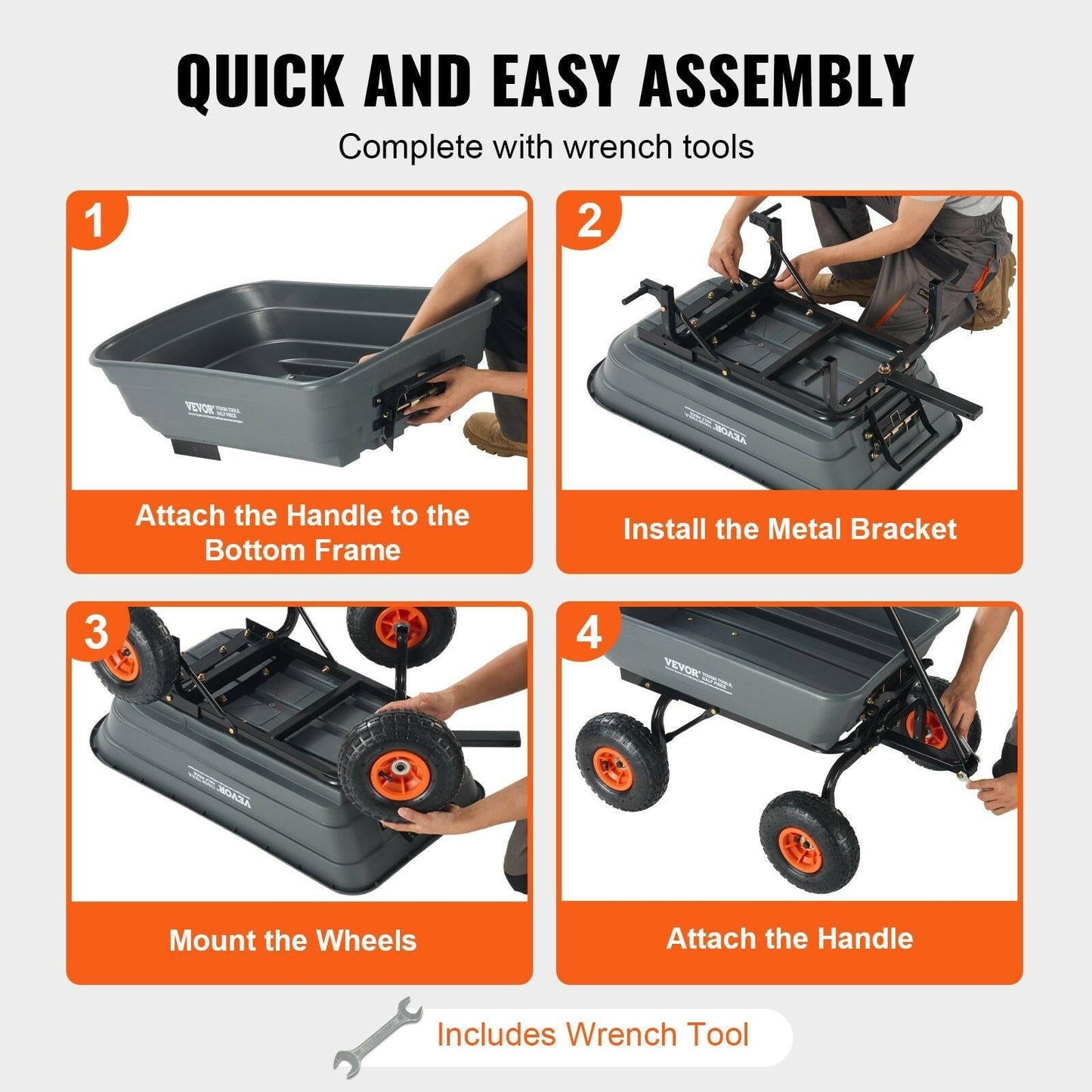 VEVOR Dump Cart, Poly Garden Dump Cart with Easy to Assemble Steel Frame, Dump Wagon with 2 - in - 1 Convertible Handle, Utility Wheelbarrow 600 lbs Capacity, 10 inch Tires - GoTypical