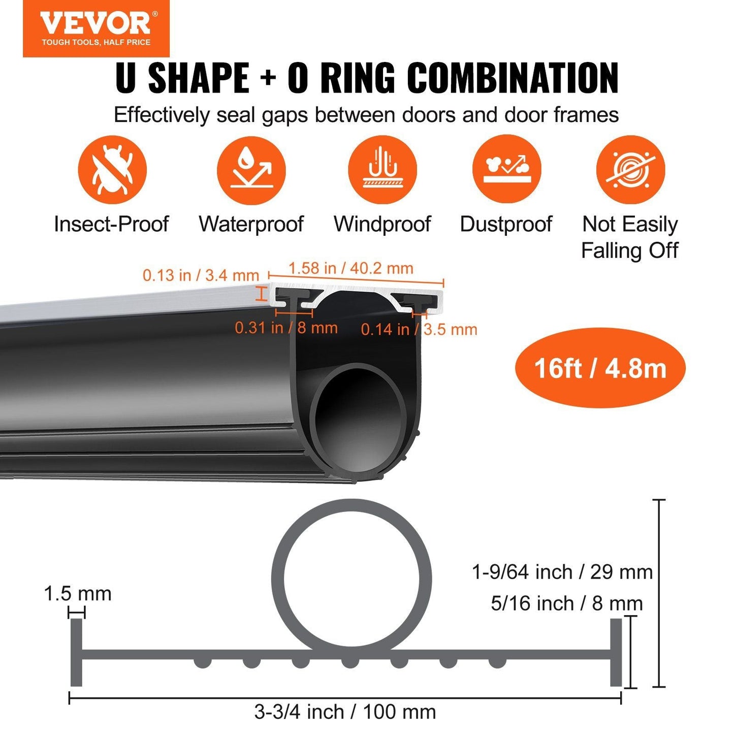 VEVOR Garage Door Seals Bottom Rubber, U Shape +O Ring Combination Garage Door Weather Stripping with Pre - drilled Aluminum Track Retainer Kit, 5/16 inch T - ends and 3 3/4 inch Width (16 Ft, Black) - GoTypical