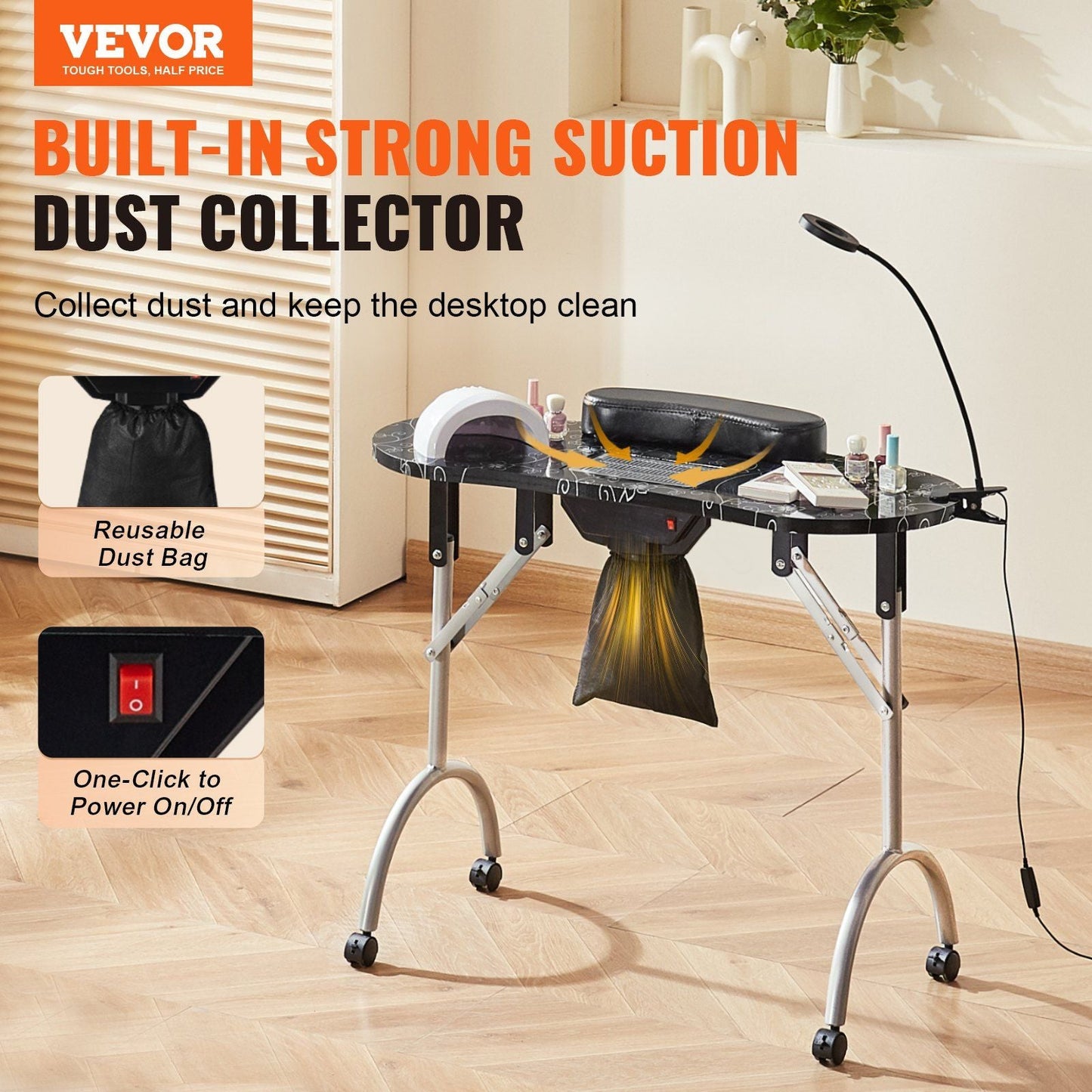 VEVOR Portable Manicure Table, Foldable Nail Table with Electric Dust Collector, Moveable Nail Tech Desk & 4 Wheels, 3 Dust Bags, Bendable LED Lamp, MDF Nail Art Workstation for Home Spa Beauty Salon - GoTypical