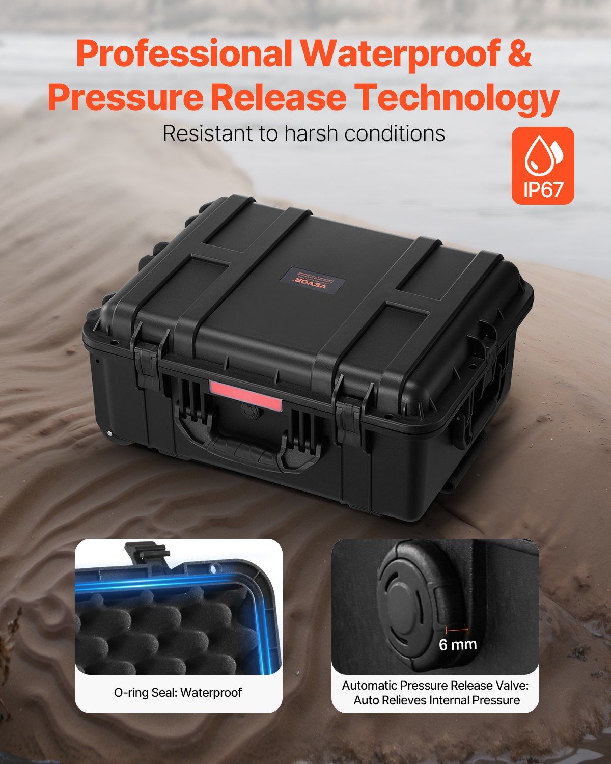 VEVOR Weatherproof Hard Case, Heavy Duty Protective Dry Box Case with Pre - Cut Foam, Wheels & Retractable Pull Handles for Travel, Hunt, Military, Tactical, IP67 Waterproof Case for Cameras(57x45x28) - GoTypical