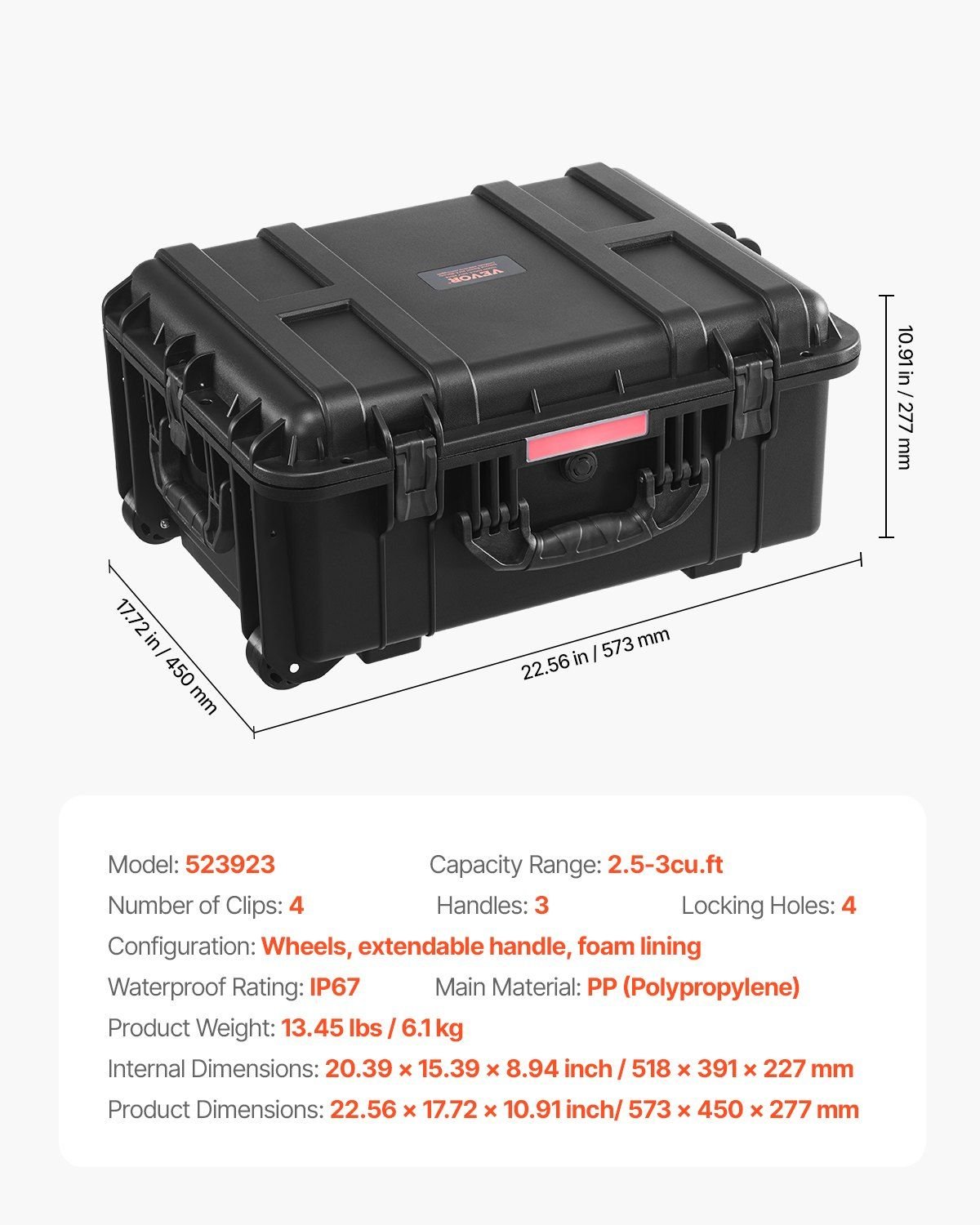 VEVOR Weatherproof Hard Case, Heavy Duty Protective Dry Box Case with Pre - Cut Foam, Wheels & Retractable Pull Handles for Travel, Hunt, Military, Tactical, IP67 Waterproof Case for Cameras(57x45x28) - GoTypical