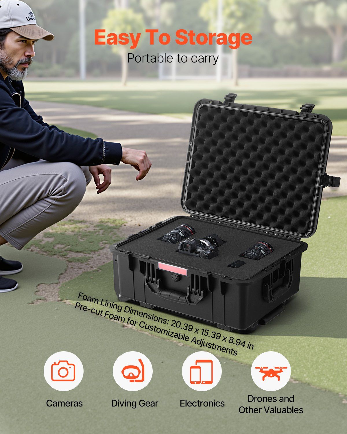 VEVOR Weatherproof Hard Case, Heavy Duty Protective Dry Box Case with Pre - Cut Foam, Wheels & Retractable Pull Handles for Travel, Hunt, Military, Tactical, IP67 Waterproof Case for Cameras(57x45x28) - GoTypical
