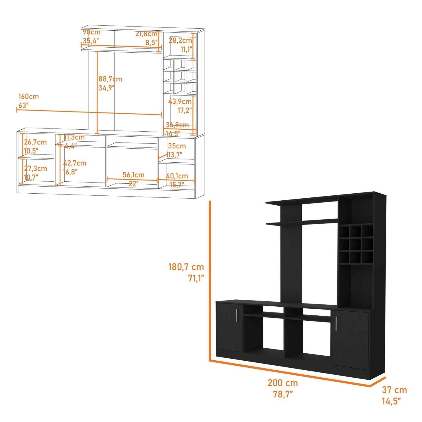 Vibrant Entertainment Center For TV´s up 78", Double Doors Cabinet, Storage Spaces, Six External Shelves - GoTypical